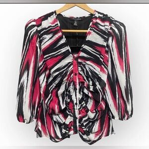 A Love Story Ruched VNeck Button Down Blouse Black, Pink, White Abstract Size XL